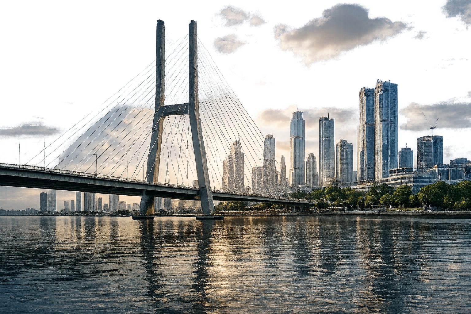Cable-stayed bridge over water at sunrise